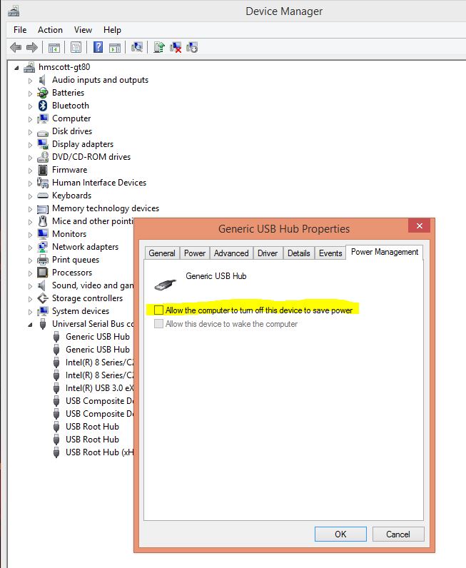 Go through all the USB hubs and device entries to disable power management.JPG